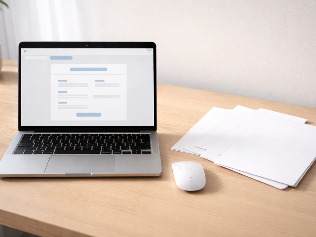 Minimal view of a laptop showing a portal form flow alongside a checklist document spread for uploads