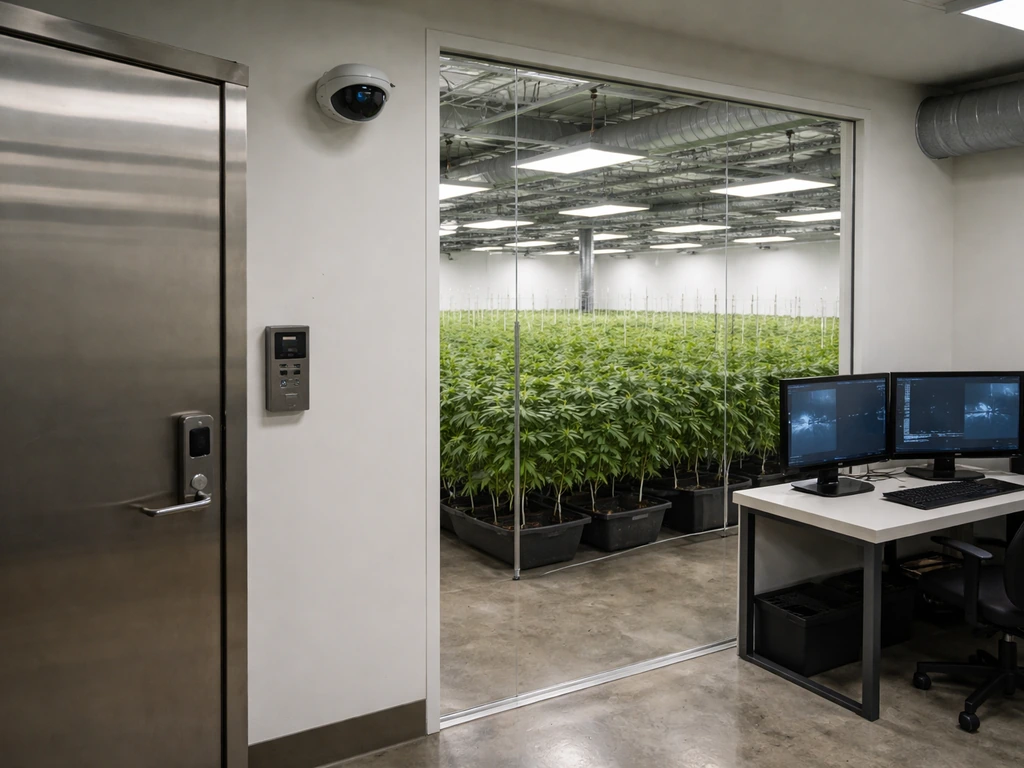 Locked grow room inside a medical cannabis facility with netted canopy and blurred monitoring screens.