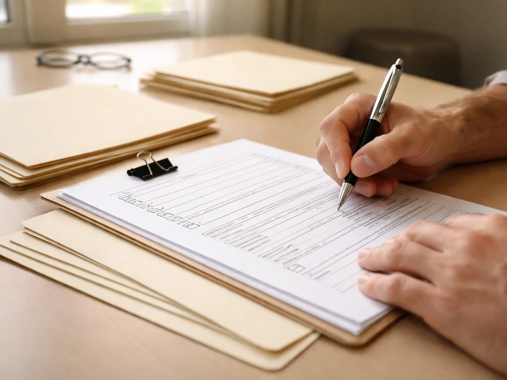 Anonymous hands filling out cannabis cultivator license paperwork on a desk with folders and pen.