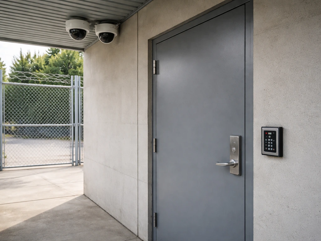 An anonymous secured facility entry with locked door, access panel, perimeter gate, and visible security cameras