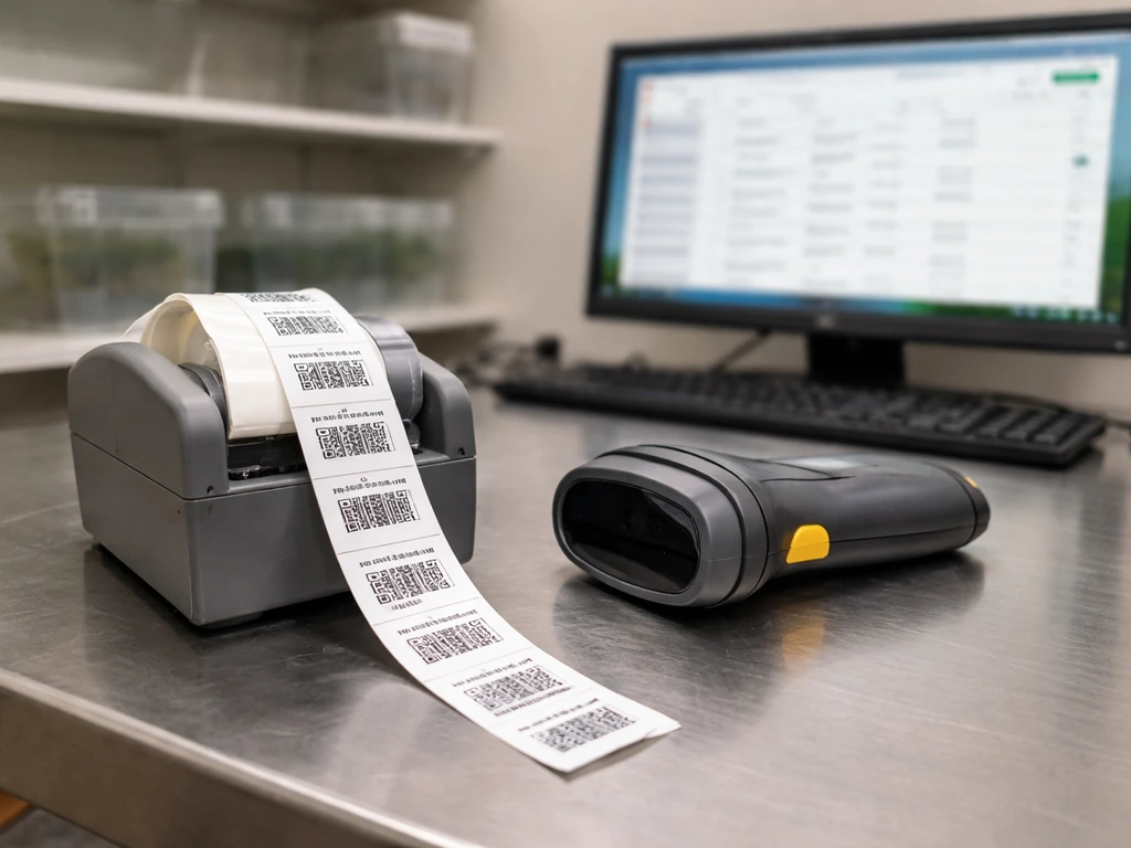 Close-up of a barcode tag dispenser and handheld scanner workflow on a clean seed-to-sale tracking desk.