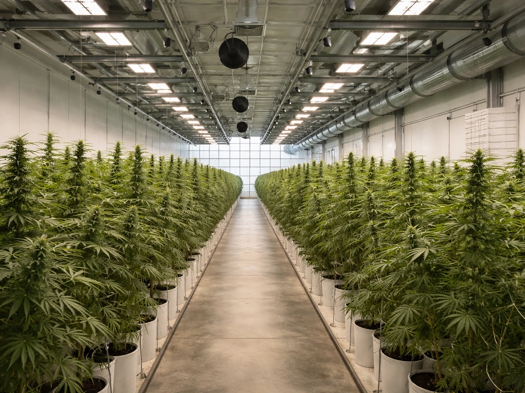 Cannabis greenhouse grow operation in Arizona with grow lights, plants, and regulated cultivation infrastructure.