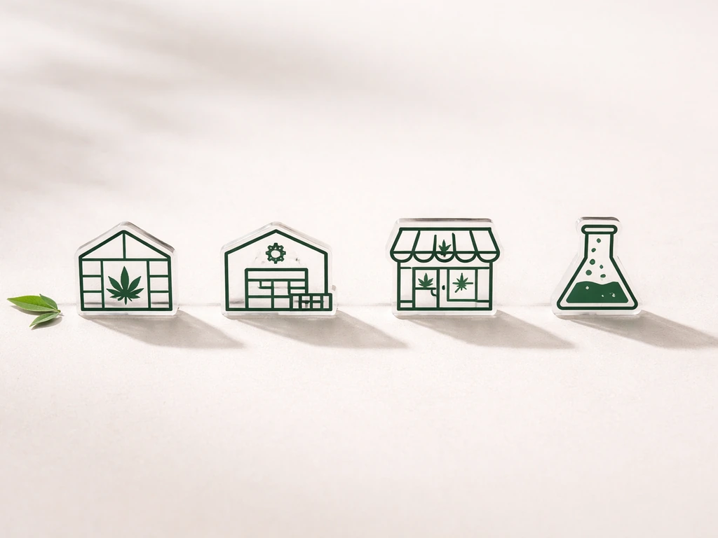 Minimal photo showing a set of labeled marijuana facility license types icons—grow, processing, retail, and testing—on a