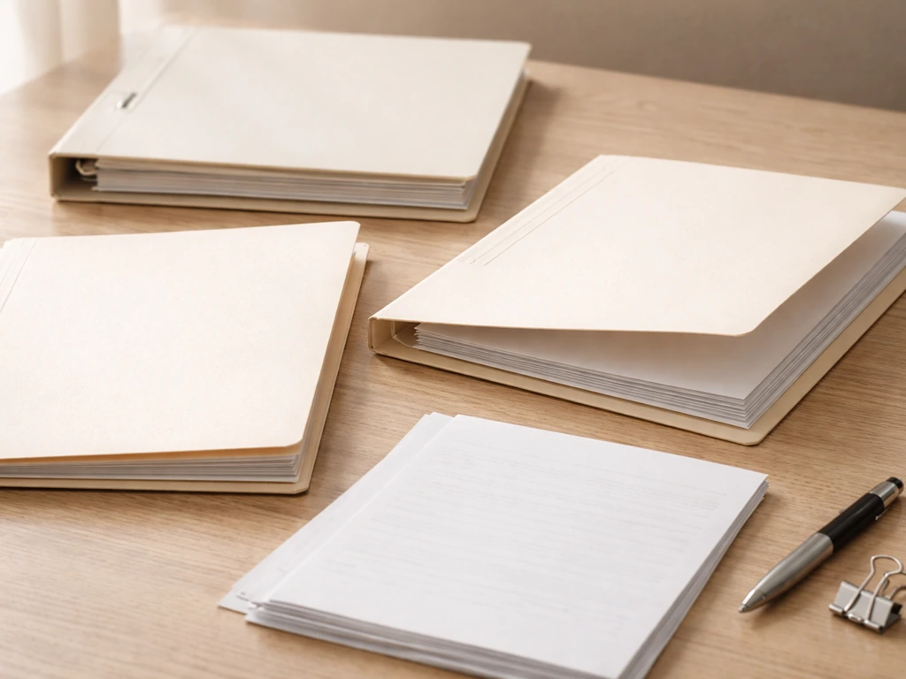 Minimal tabletop scene with binders, folders, and blank paperwork ready for an application.