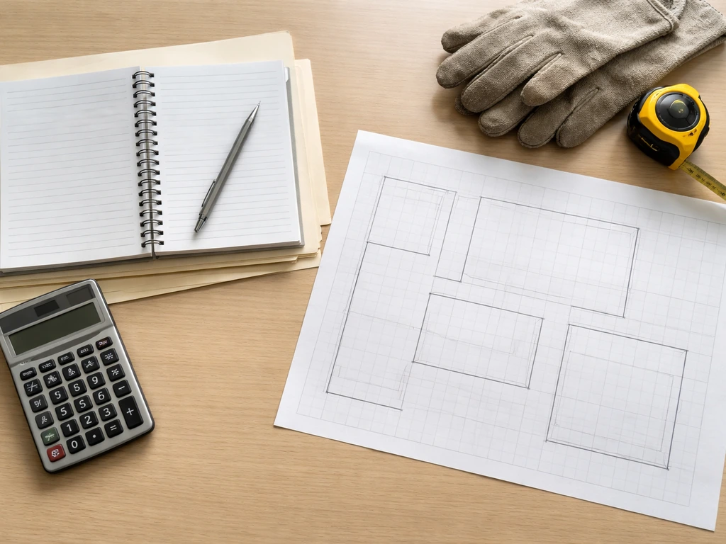 Desk planning scene with calculator, measuring tape, and a blank canopy layout sheet for budgeting.