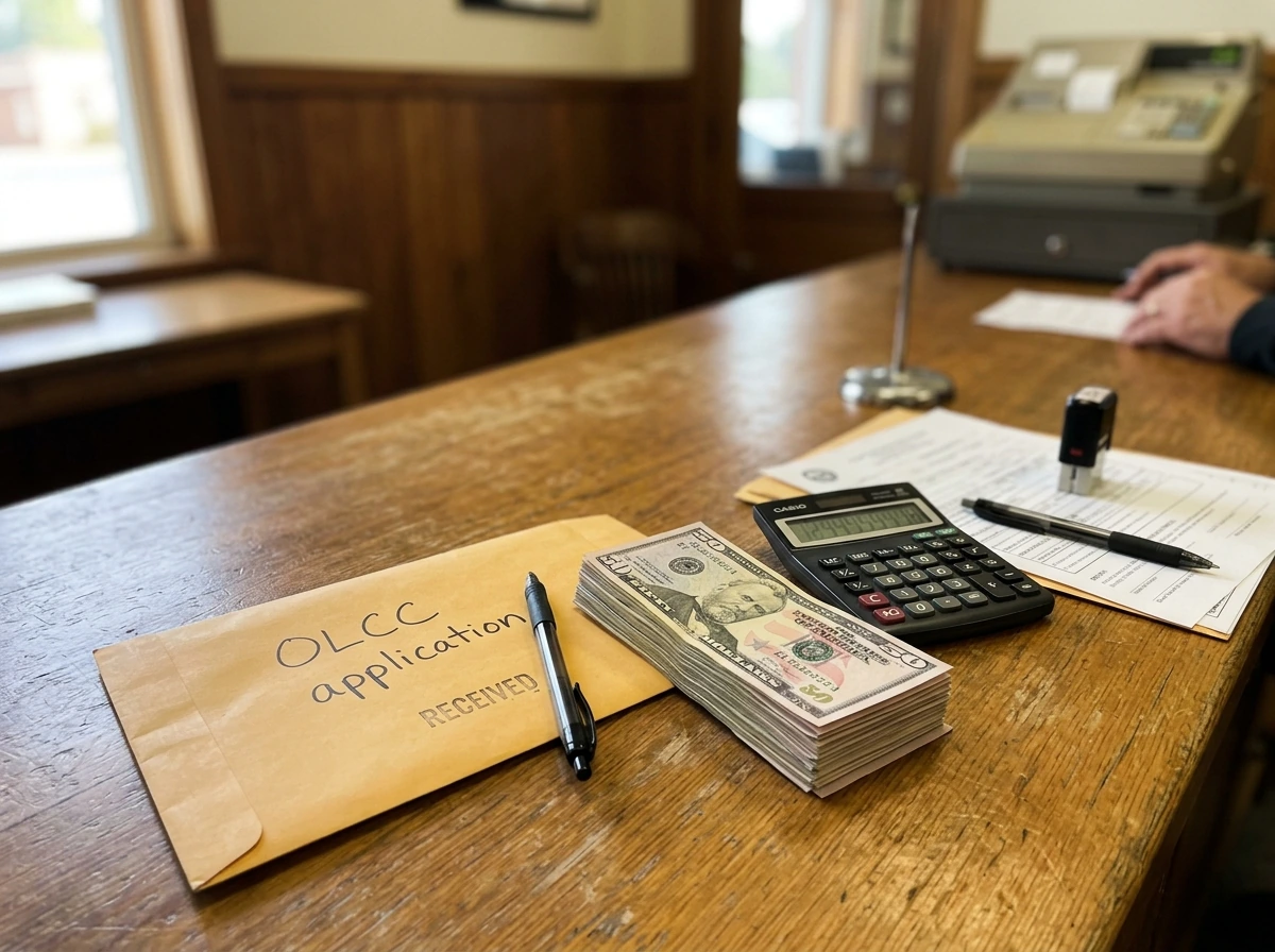 Stack of cash and application envelope representing OLCC grow license fees