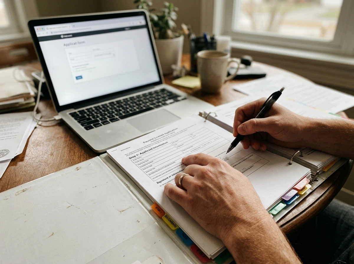 Hands completing an Oregon grow license application checklist
