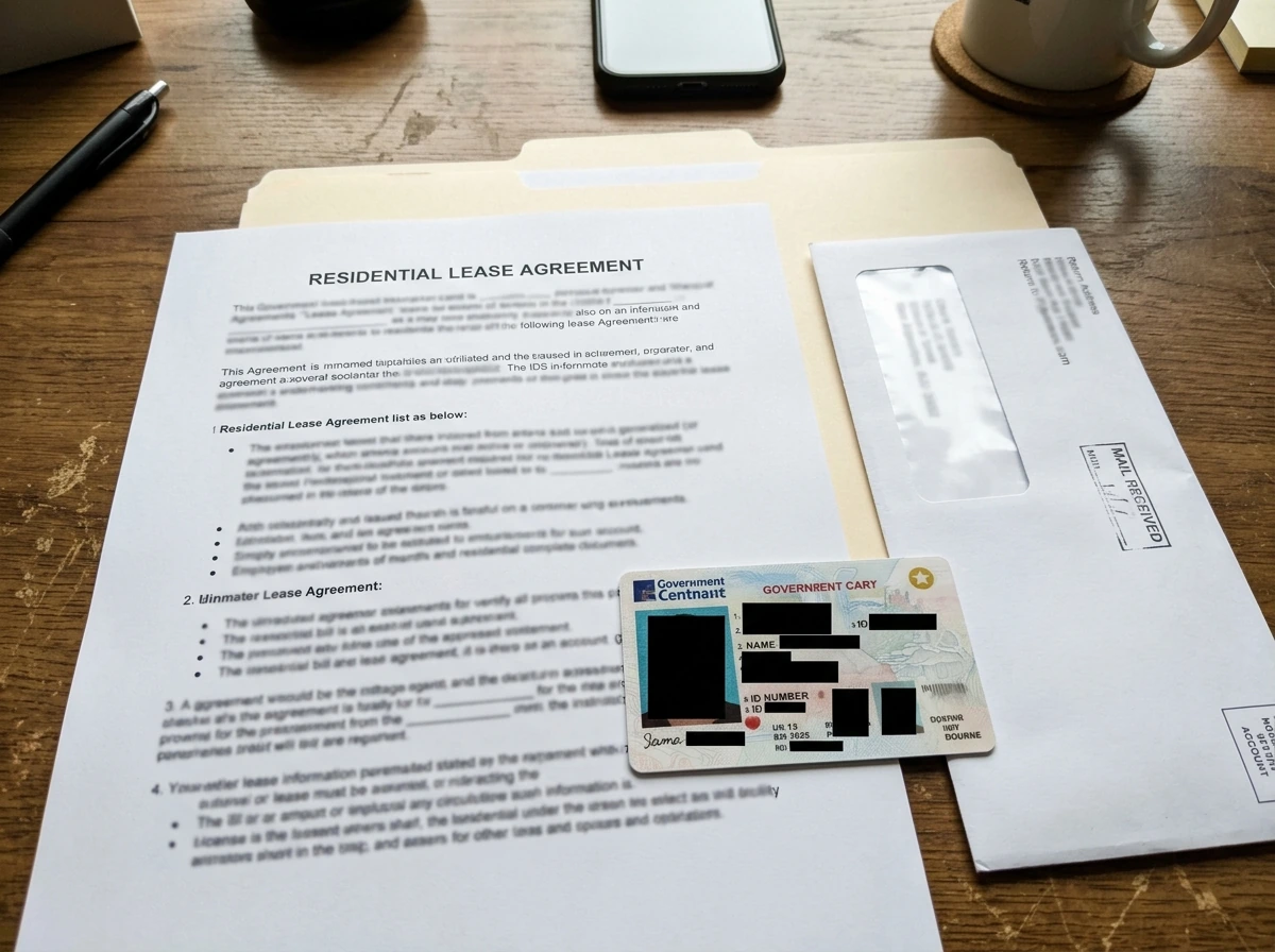 Paperwork layout showing ID, residency, and premises documents