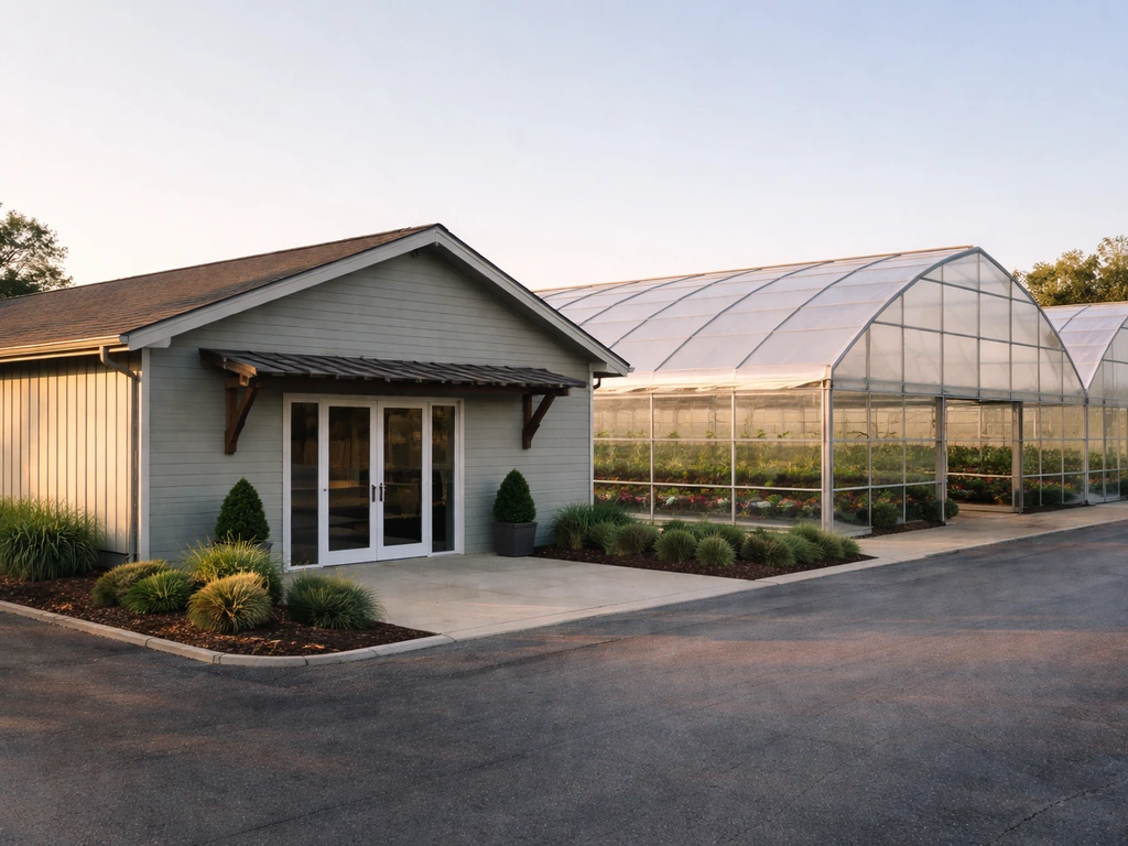 Exterior of an Illinois greenhouse facility with translucent panels and thriving canopy plants, no people.