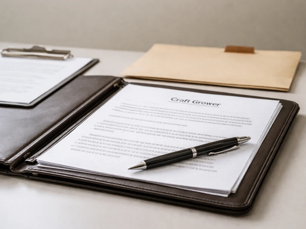Close-up of a compliance binder and cannabis licensing documents on a clean desk, Illinois craft grower category vibe.