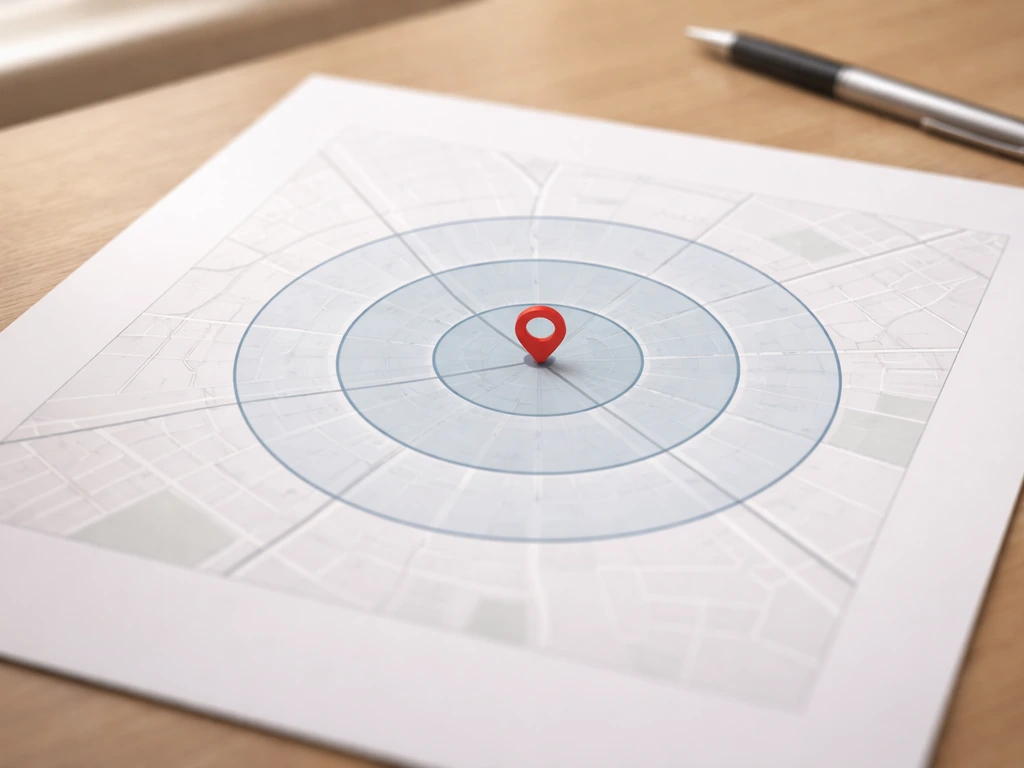 Proposed facility location with clear spacing buffer rings on a minimal street map background.