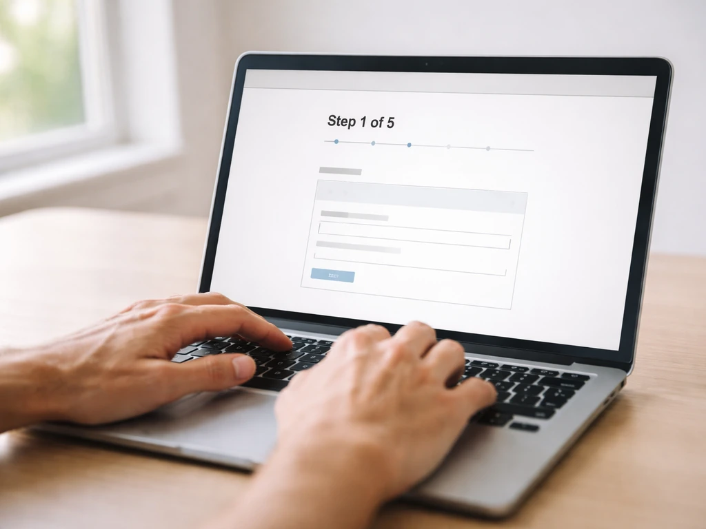 Hands typing on a laptop displaying a step-by-step online licensing portal with “Step 1 of 5”.