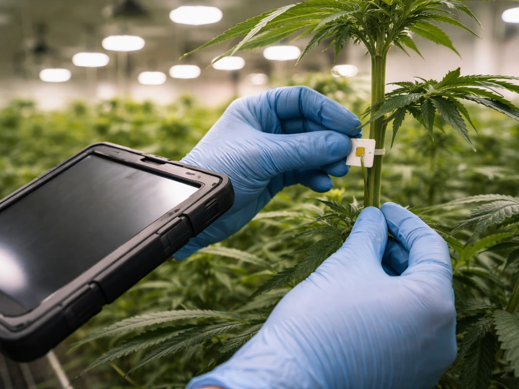 Gloved hands attaching an RFID tag to a cannabis plant while scanning with a tablet in an indoor grow room