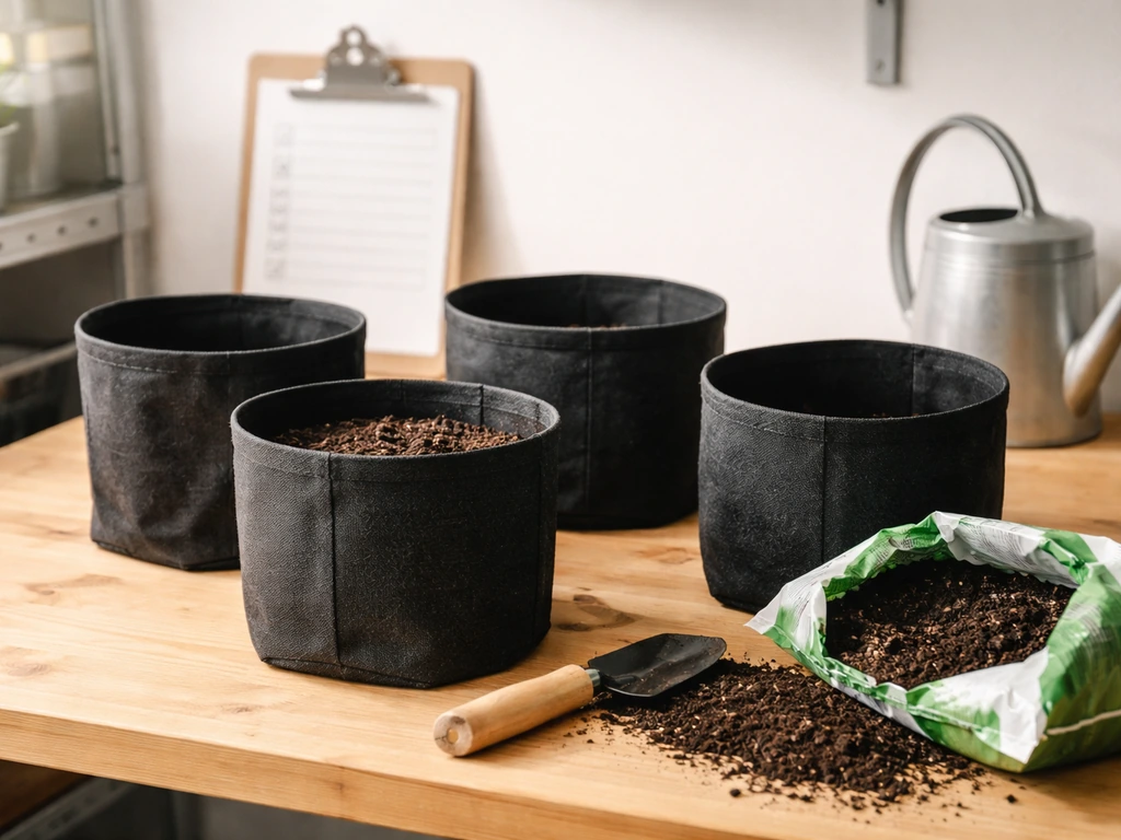 Grow pots and soil on a clean workbench beside a blurred compliance checklist board in soft daylight.