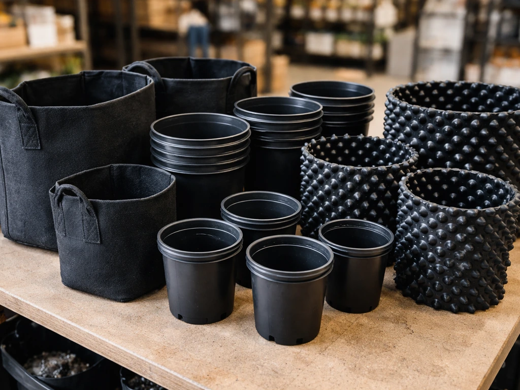 Shop table with fabric, plastic, and air-pruning grow pots in a close-up retail setting.