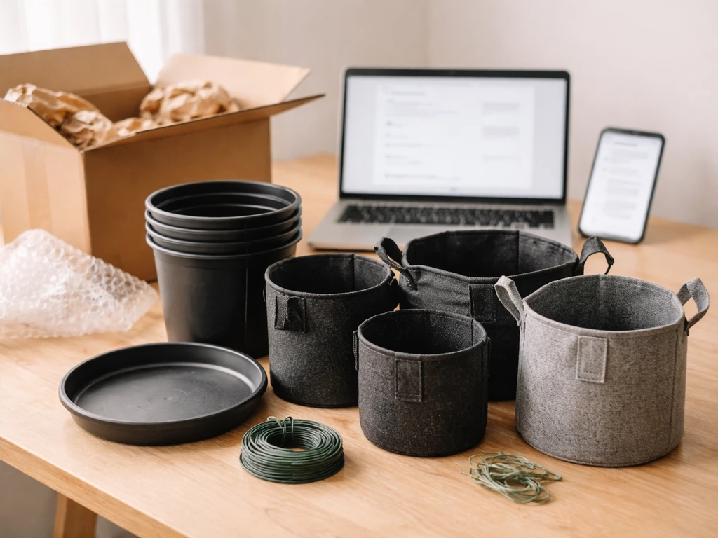 Grow pots and fabric grow bags arranged on a desk beside a laptop and smartphone with blurred checkout screens.