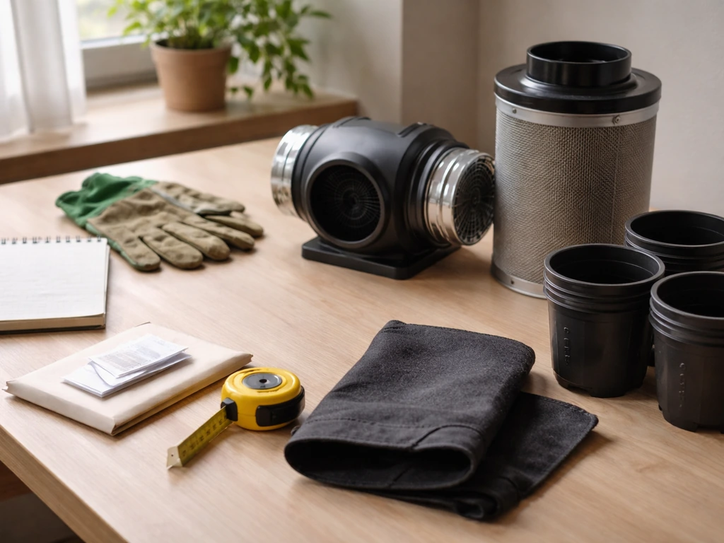 Desk setup with gardening pots and odor-control fan/filters laid out like a pitfall checklist.