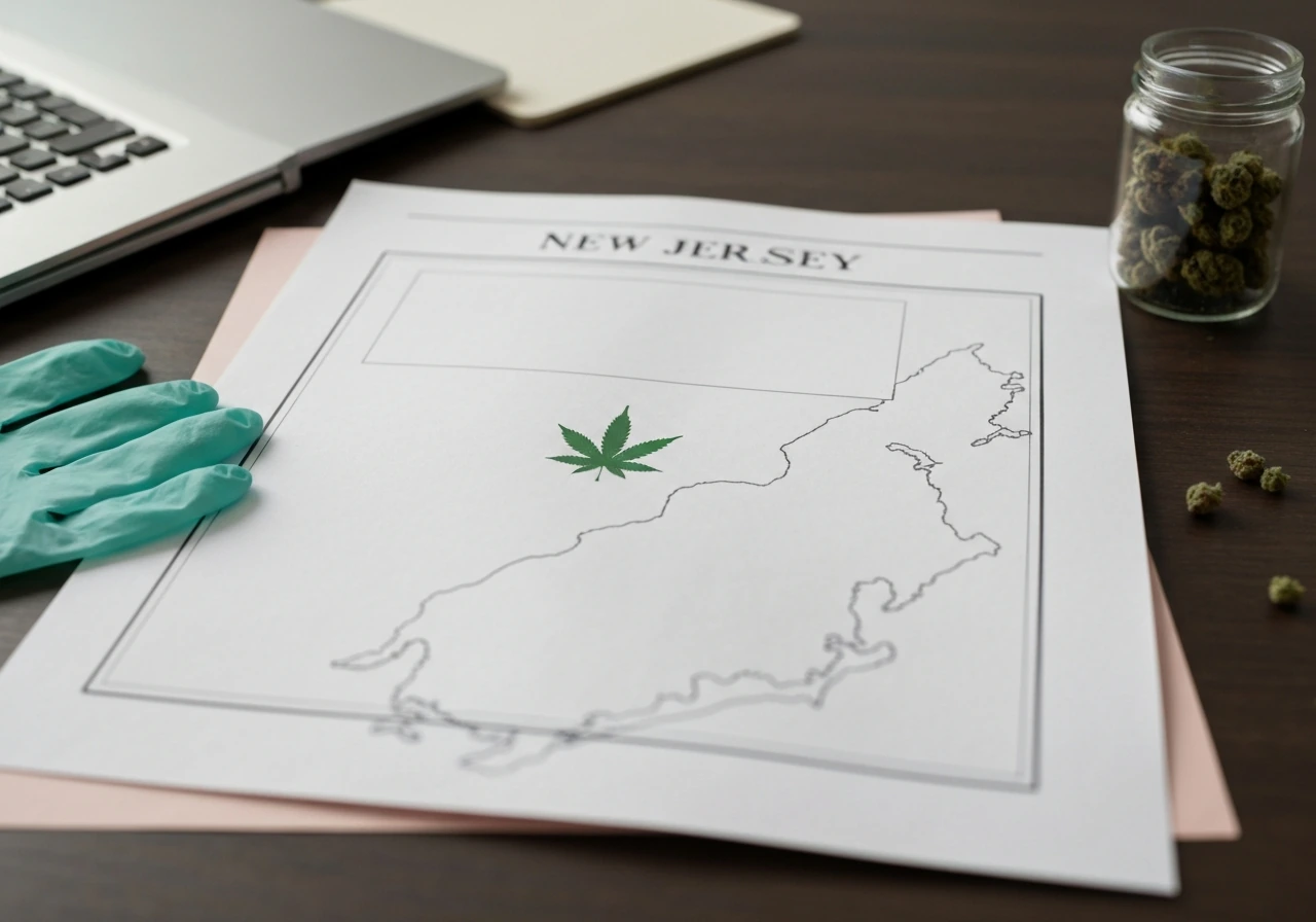 Minimal desk scene with a blank New Jersey legal document background and a cannabis leaf symbol.