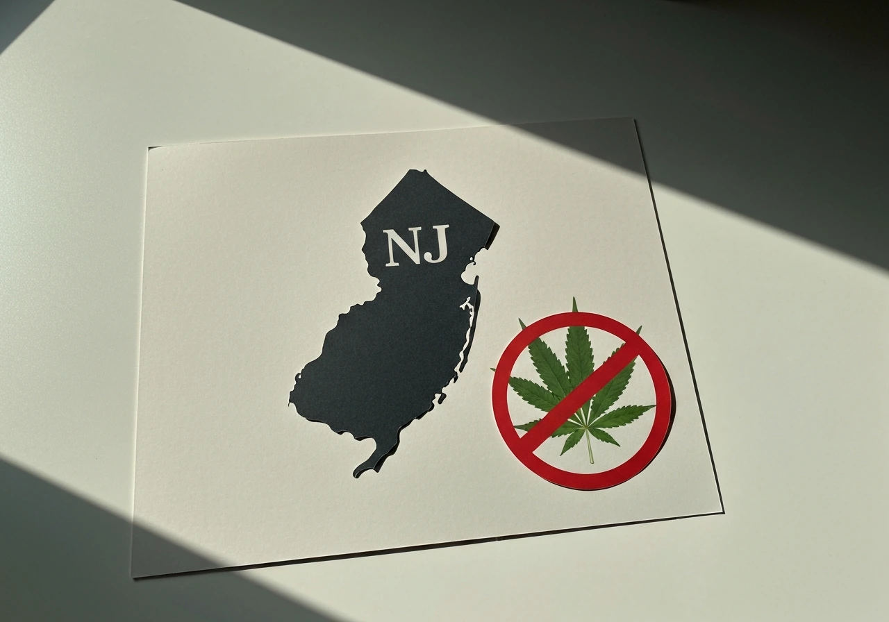 Minimal visual showing New Jersey outline with a cannabis icon and a clear no-home-cultivation cue.