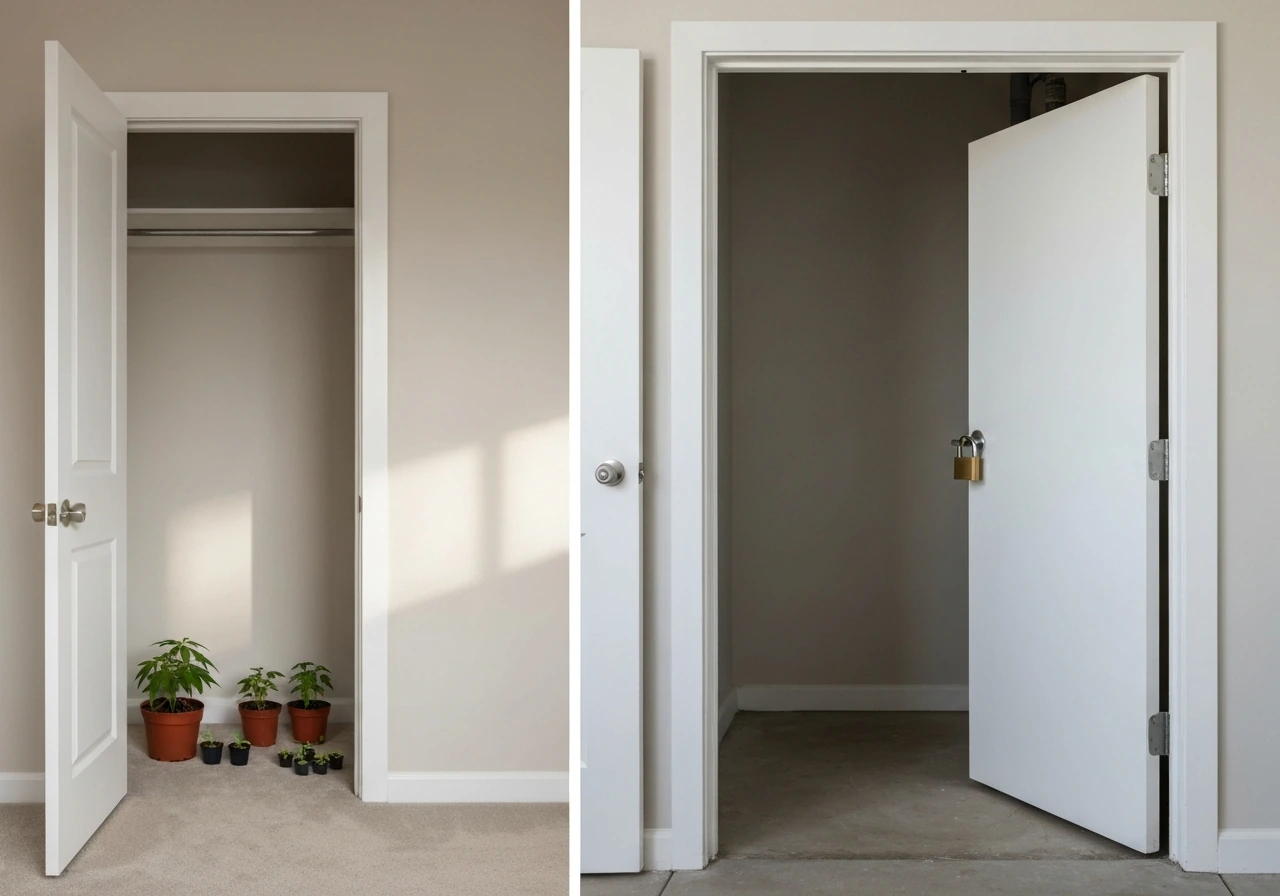 Split home interior image: indoor storage with small pots on left, locked utility room with no plants on right.