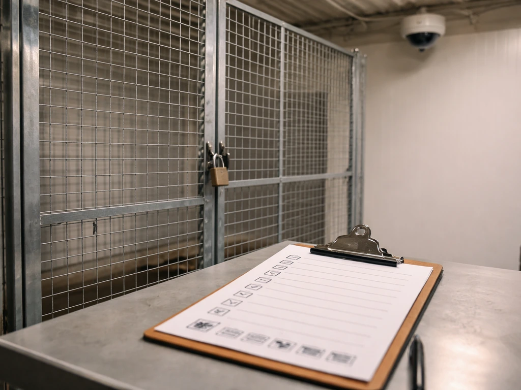 Minimal compliance scene with security cameras, locked storage cage, and clipboard checklist for licensed cannabis grow