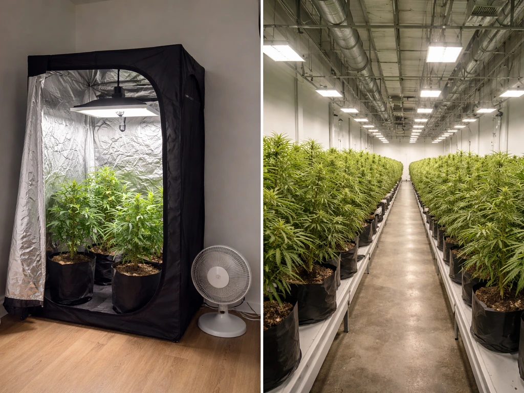 Small household grow tent beside a larger commercial-style indoor cultivation room, no people present.