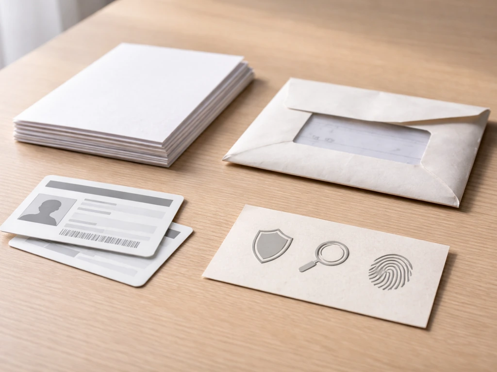 Close-up of a requirements checklist with documents and a background-check seal icon concept, minimal desk scene