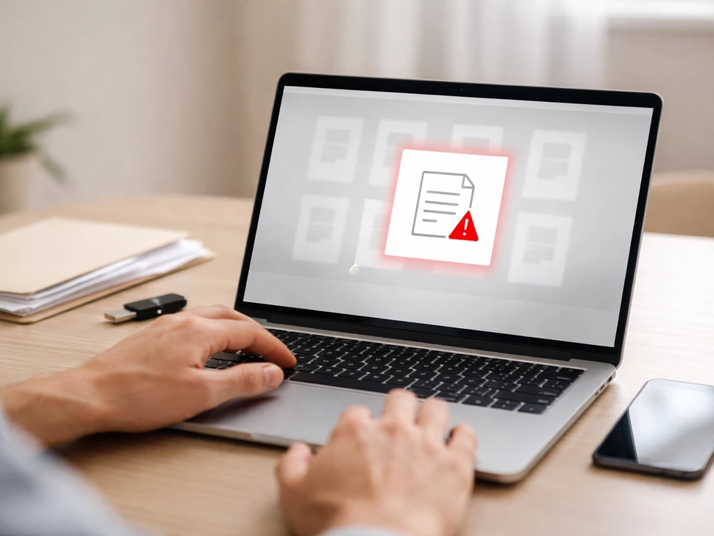 Hands uploading documents on a laptop, with a missing-item warning highlight and blank phone nearby.