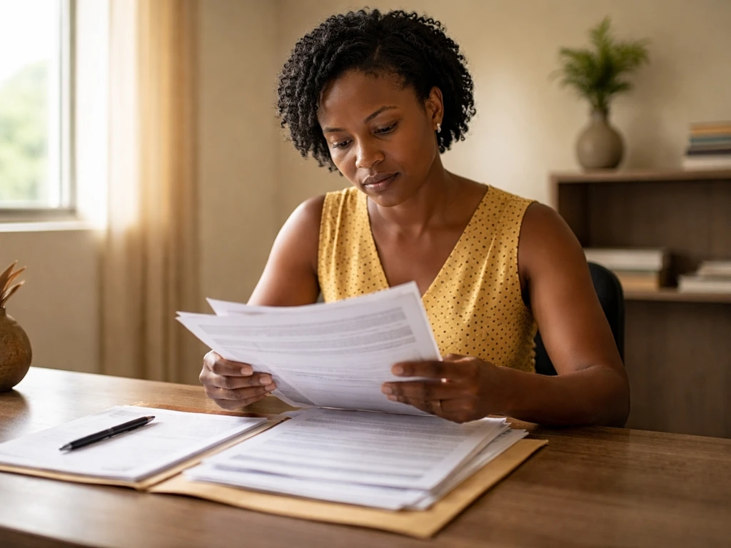 Ugandan woman at a table reviewing registration papers for Grow Project PSFU in a calm office setting