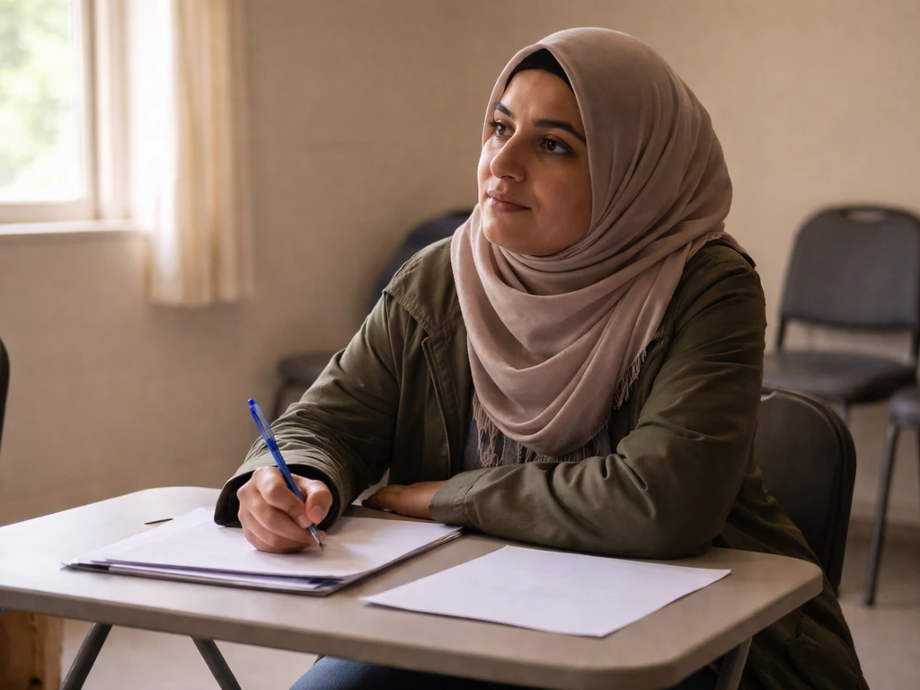Refugee woman in a quiet training room reviewing blank handouts while learning and mentoring.