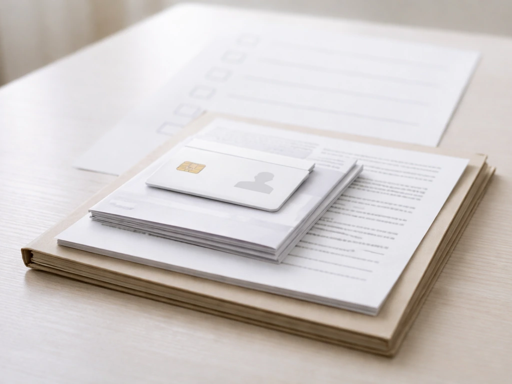 Neatly arranged stack of real documents and blank checkbox checklist sheet on a table.