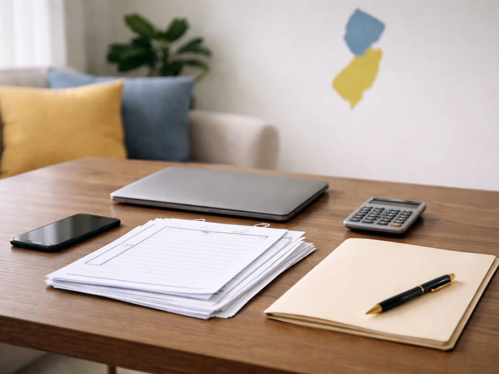 Clean desk with paperwork and calculator for NJ micro grow license cost and step-by-step application