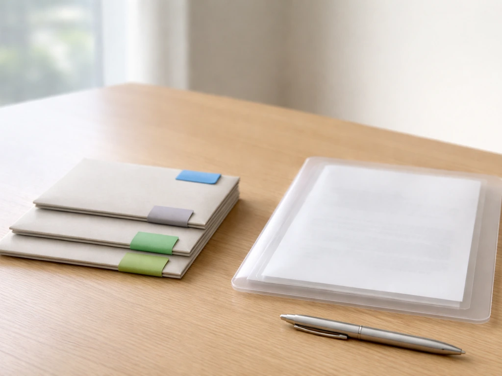 Minimal desk scene with three colored-tab envelopes and a folder representing a license fee checklist.
