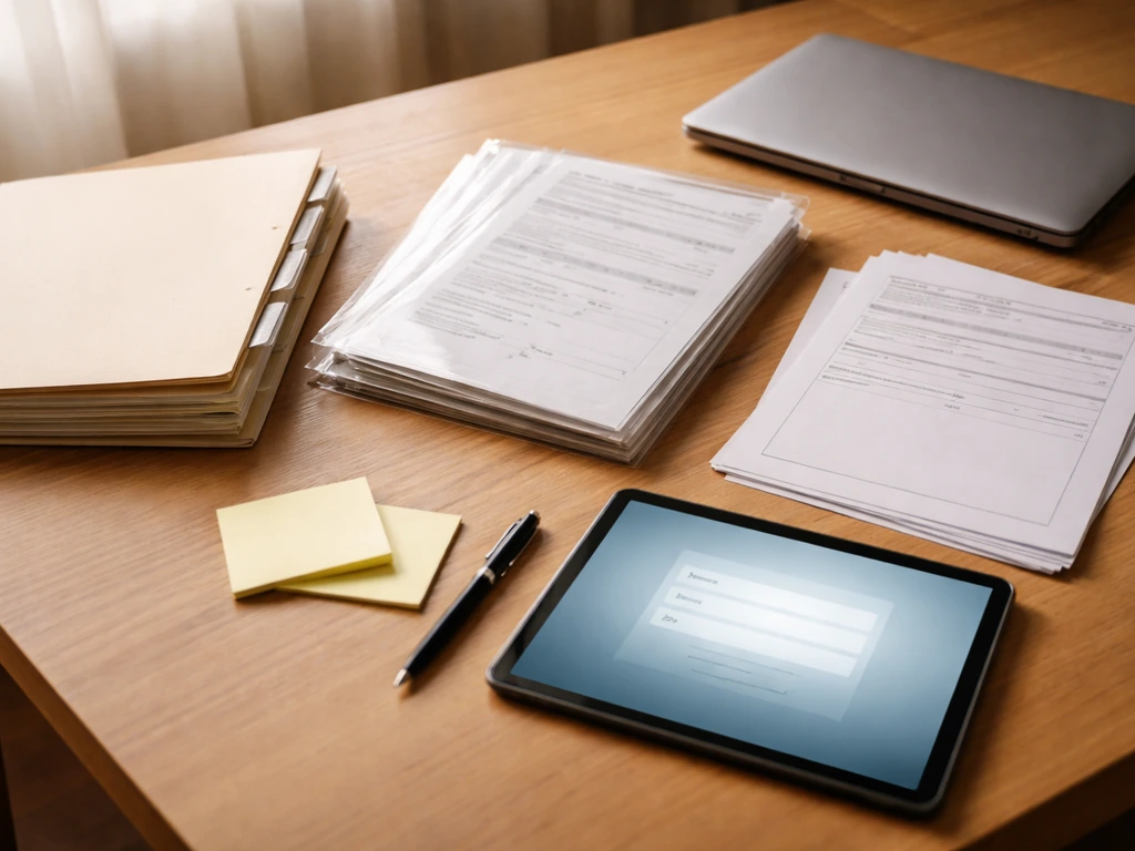 Organized paperwork and a tablet on a desk for preparing an electronic licensing application