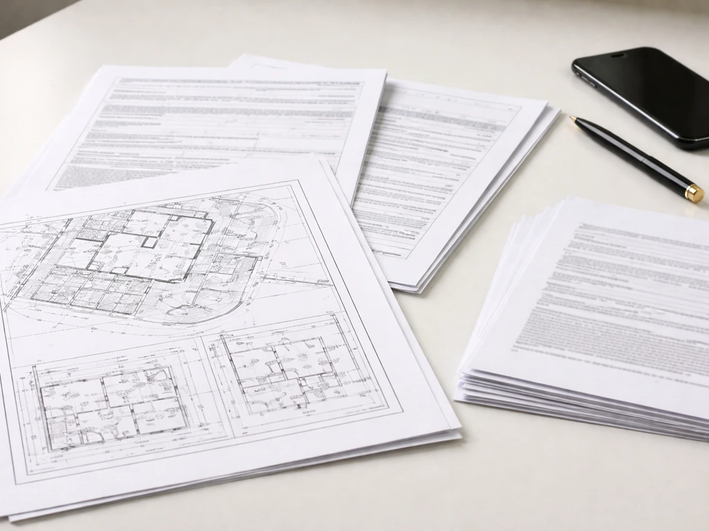 Neatly stacked zoning and site plan documents with crisp scans ready for uploading on a desk