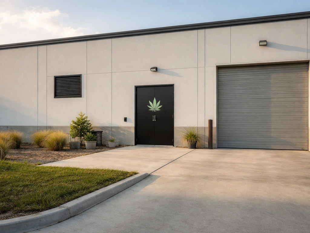 Exterior entrance of a Missouri cannabis cultivation facility with a plain, non-text signage concept.