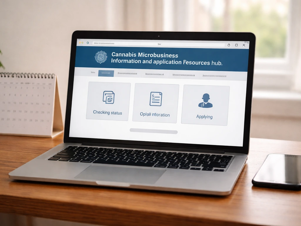 Close-up of a laptop showing a cannabis microbusiness application resources web page in a simple office setting