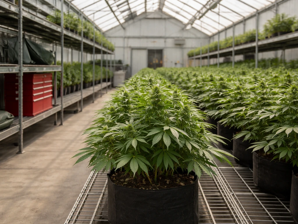 Secure greenhouse cultivation setup with metal racks and cannabis plants under natural light.