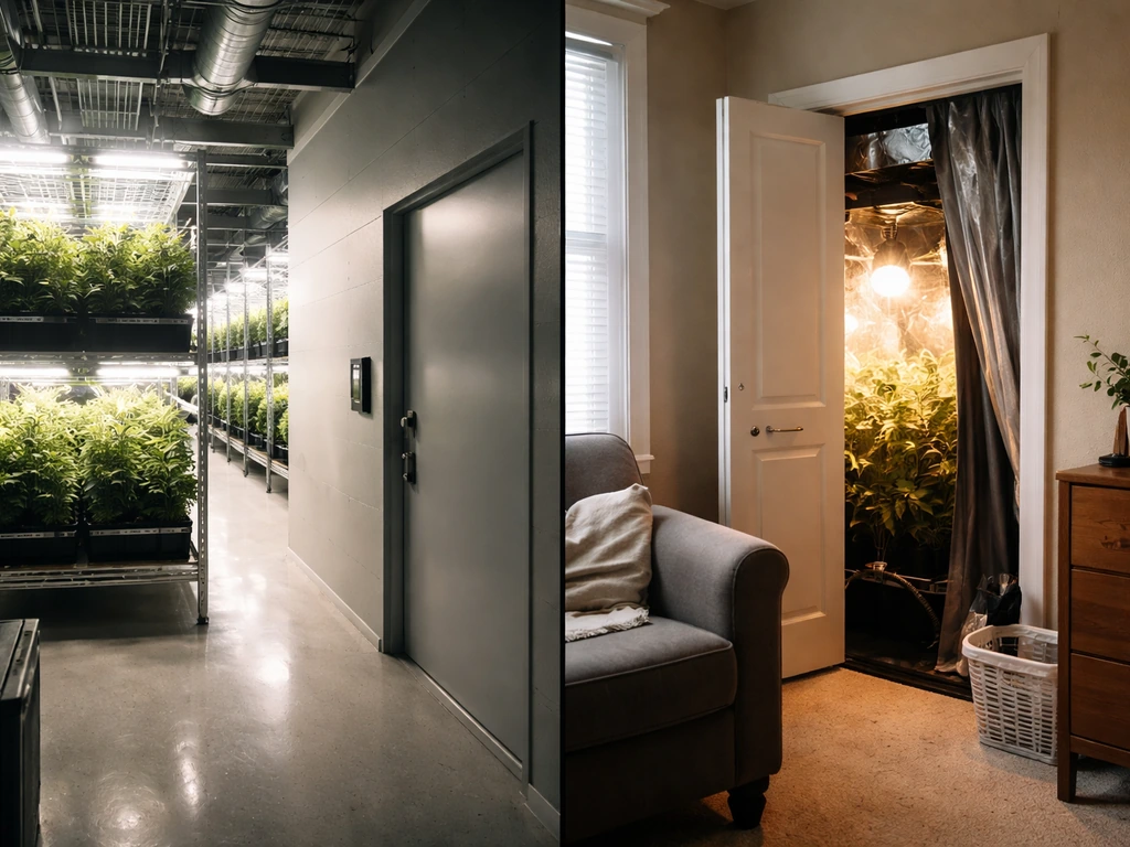 Split view of a secured cannabis grow room and a concealed residential closet, contrasting licensed vs home grow.