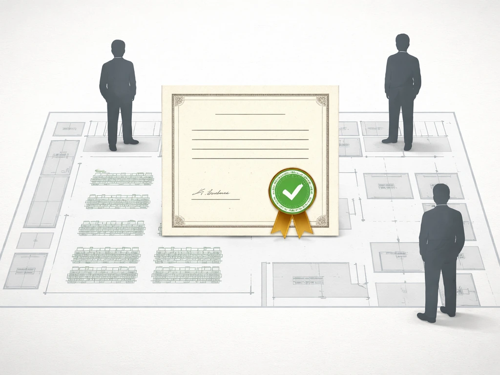 Minimal scene showing a stamped certificate icon labeled Cultivation Facility License with silhouettes around a facility