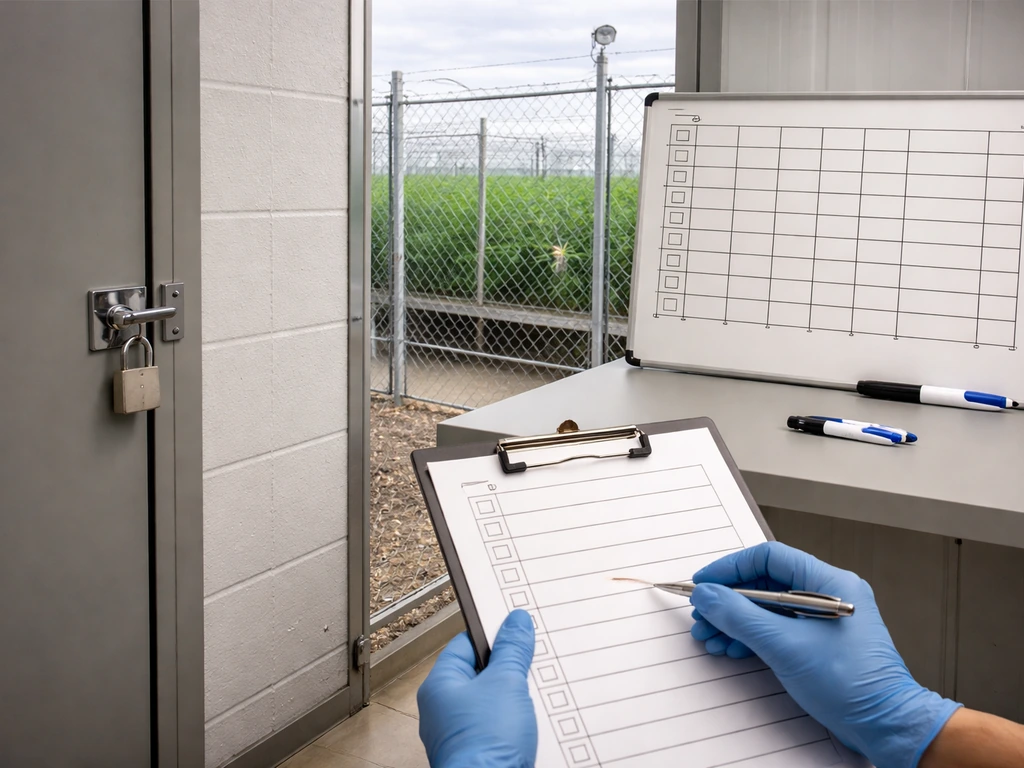 MMC-style cultivation compliance scene: secure fence, camera, locked room, chain-of-custody style tracking board, inspec