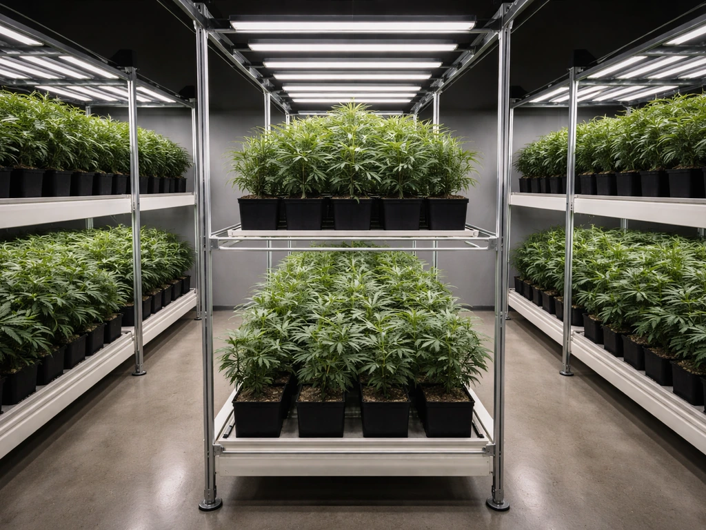Cannabis grow room with neatly arranged racks and rows of healthy plants under regulated lighting