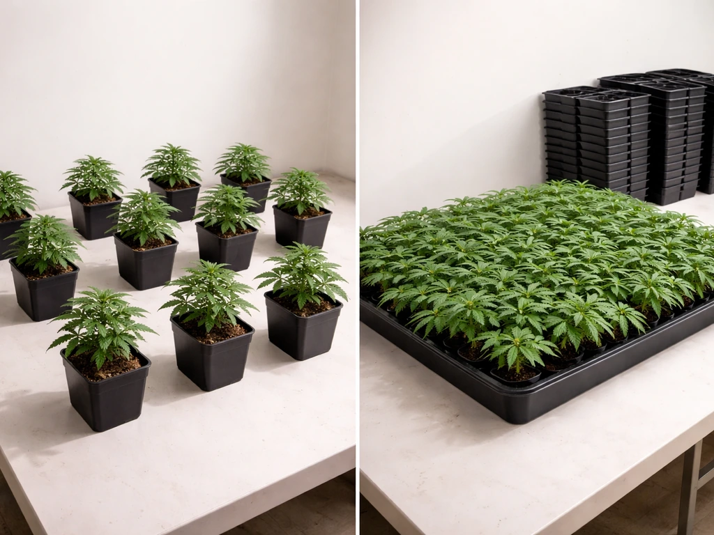 Split table scene showing potted plants for count and larger canopy/trays for area and batch limits.
