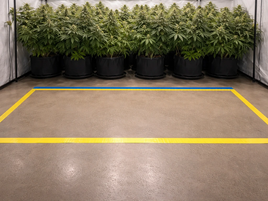 Minimal indoor grow room with tape marking a flowering canopy boundary on the floor