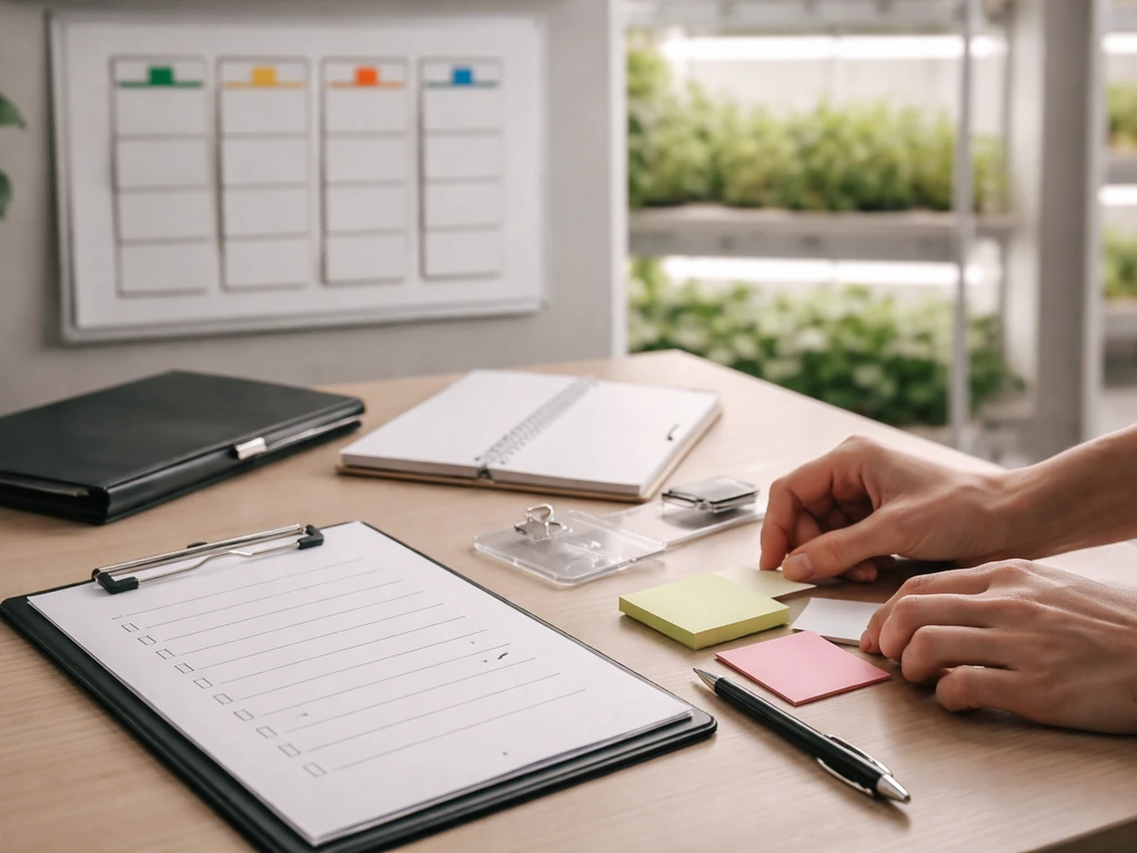 Hands reviewing a grow-cycle checklist on a desk with a simple highlighted planning board in a quiet room.