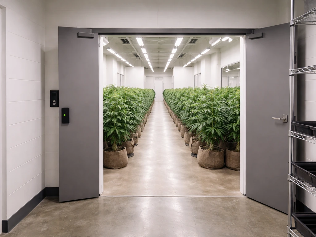 Clean indoor cannabis grow room with separated zones and rows of plants under LED lights.