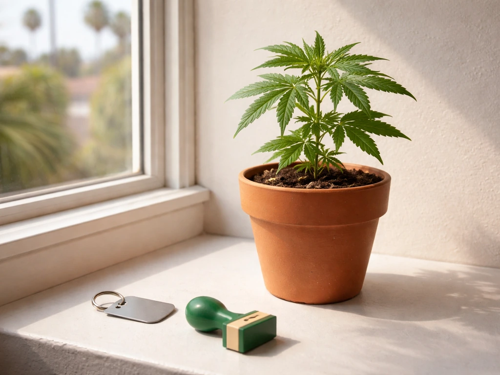 A small cannabis plant in a terracotta pot on a sunny windowsill with unlabeled rule-like objects nearby.