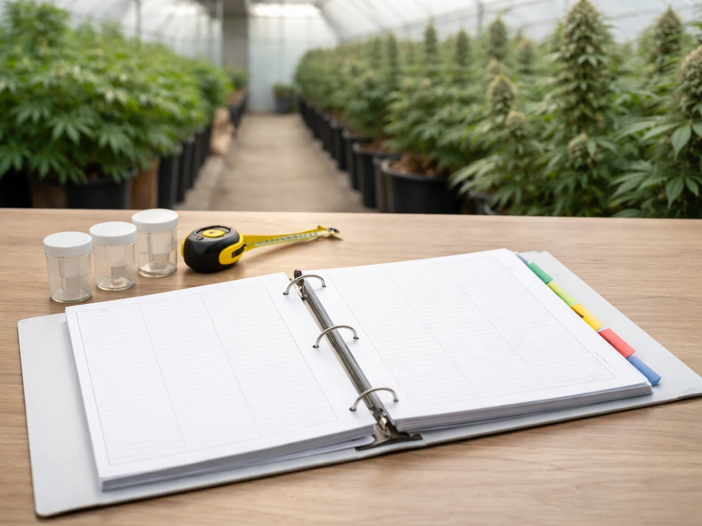 Open compliance binder on a desk beside measuring tape and two plant stages in soft greenhouse light