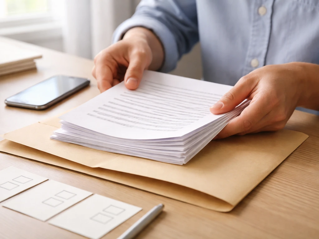 Hands filing documents into a folder beside a phone and blank checklist notes on a light desk.