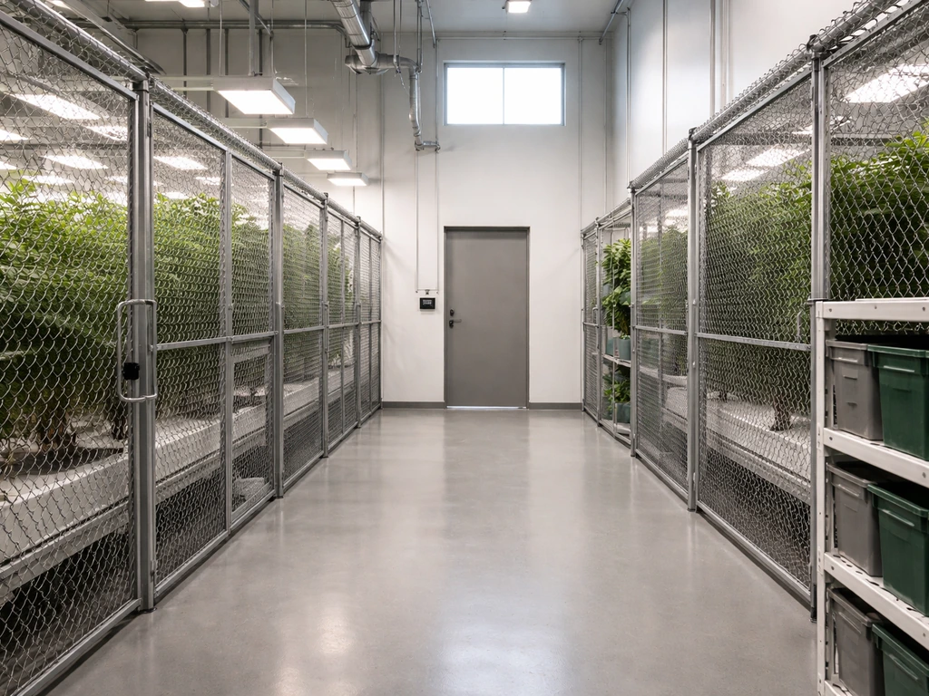 Clean, secure indoor grow facility corridor with locked doors and segregated, tidy cultivation areas.